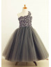 One Shoulder Gray Rosette Tulle Flower Girl Dress